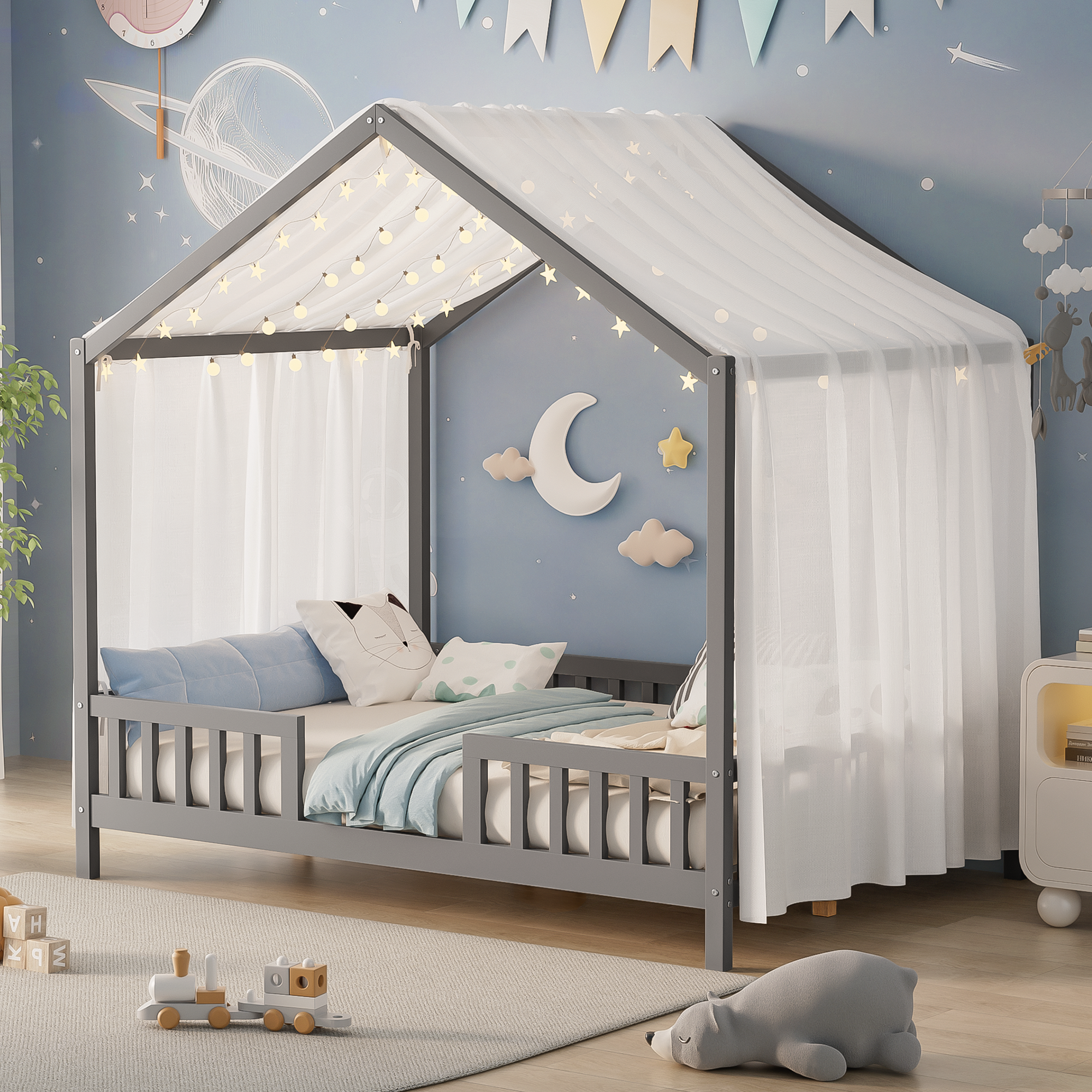 Montessori Floor Bed Canopy Grey