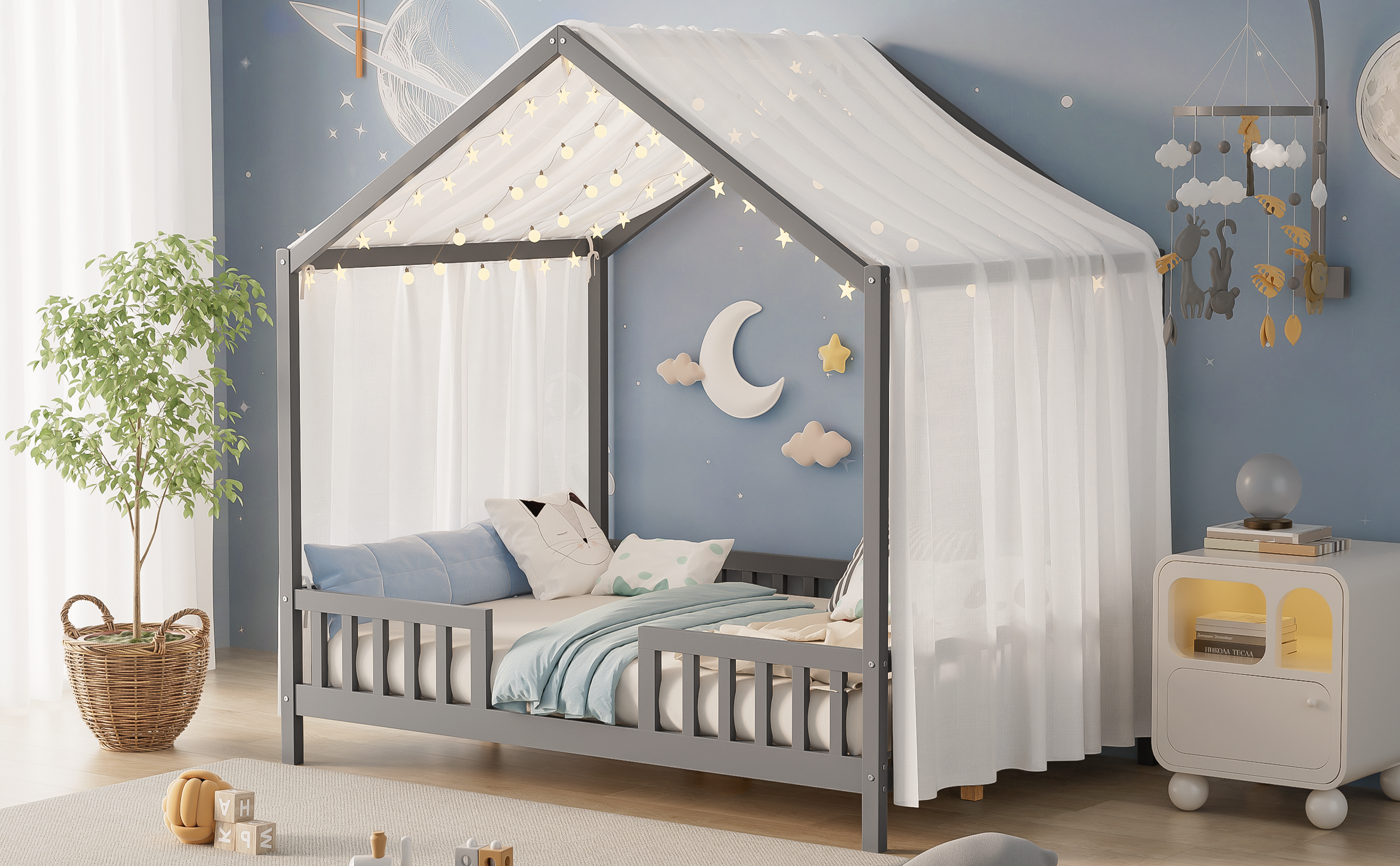 Montessori Floor Bed Canopy Grey