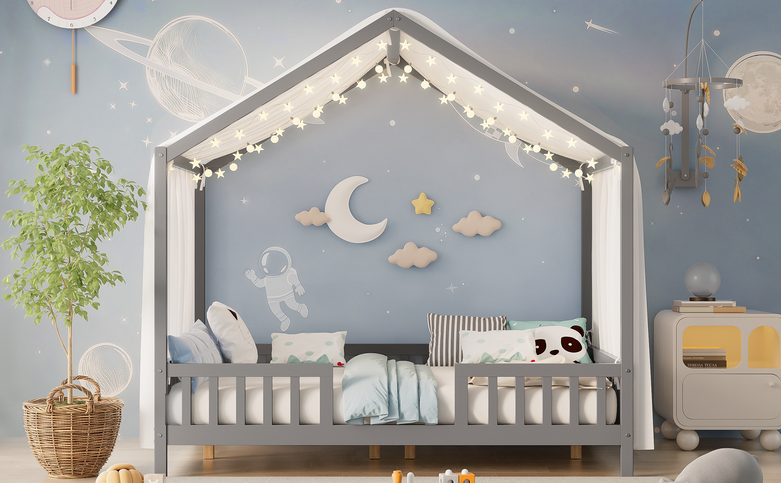 Montessori Floor Bed Canopy Grey