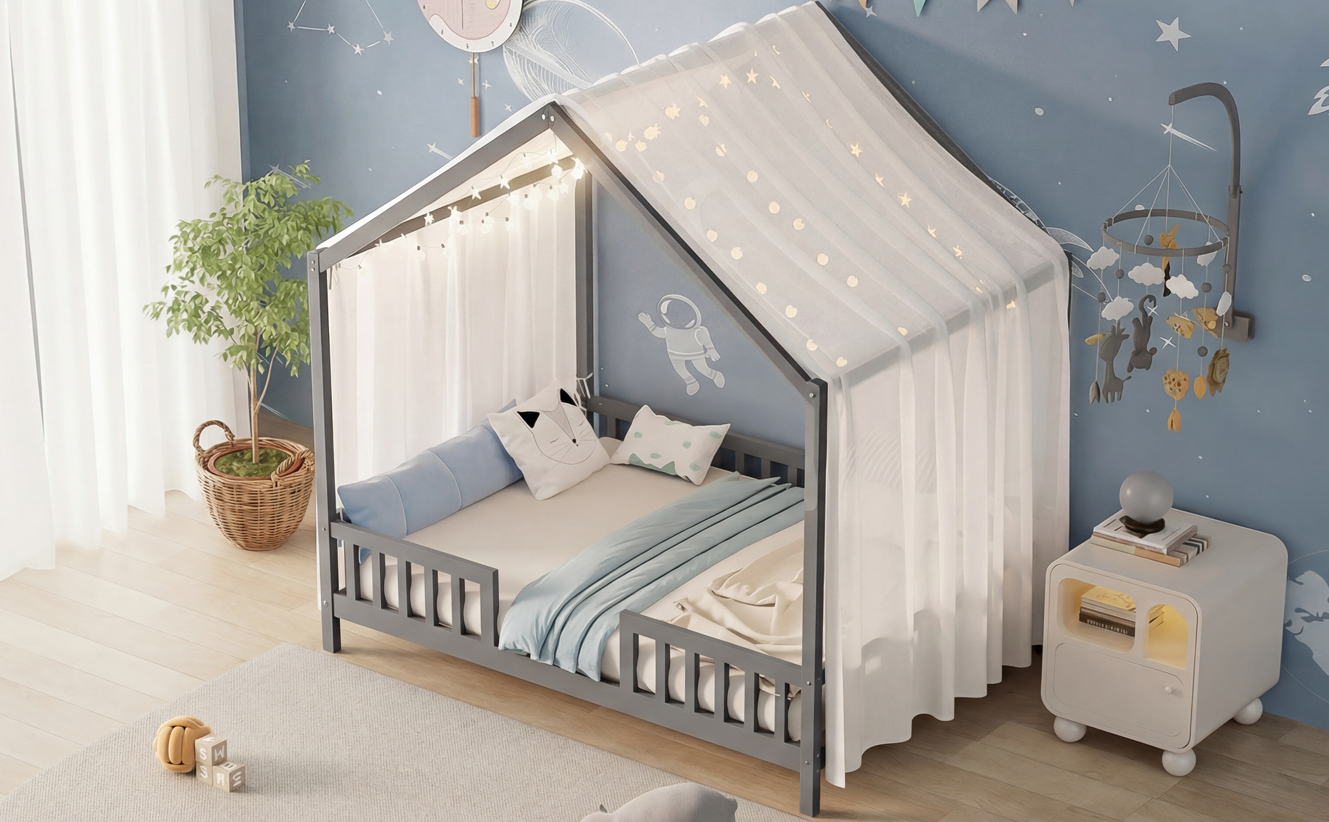 Montessori Floor Bed Canopy Grey