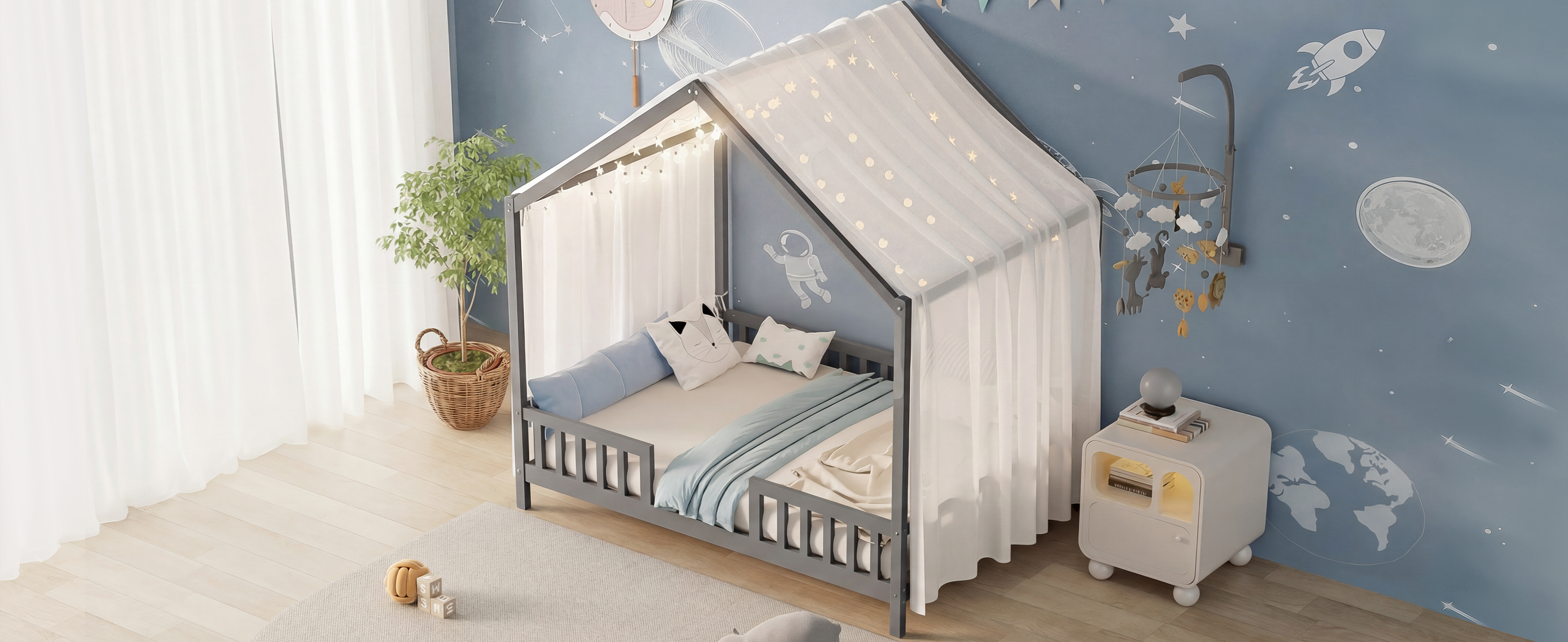 Montessori Floor Bed Canopy Grey