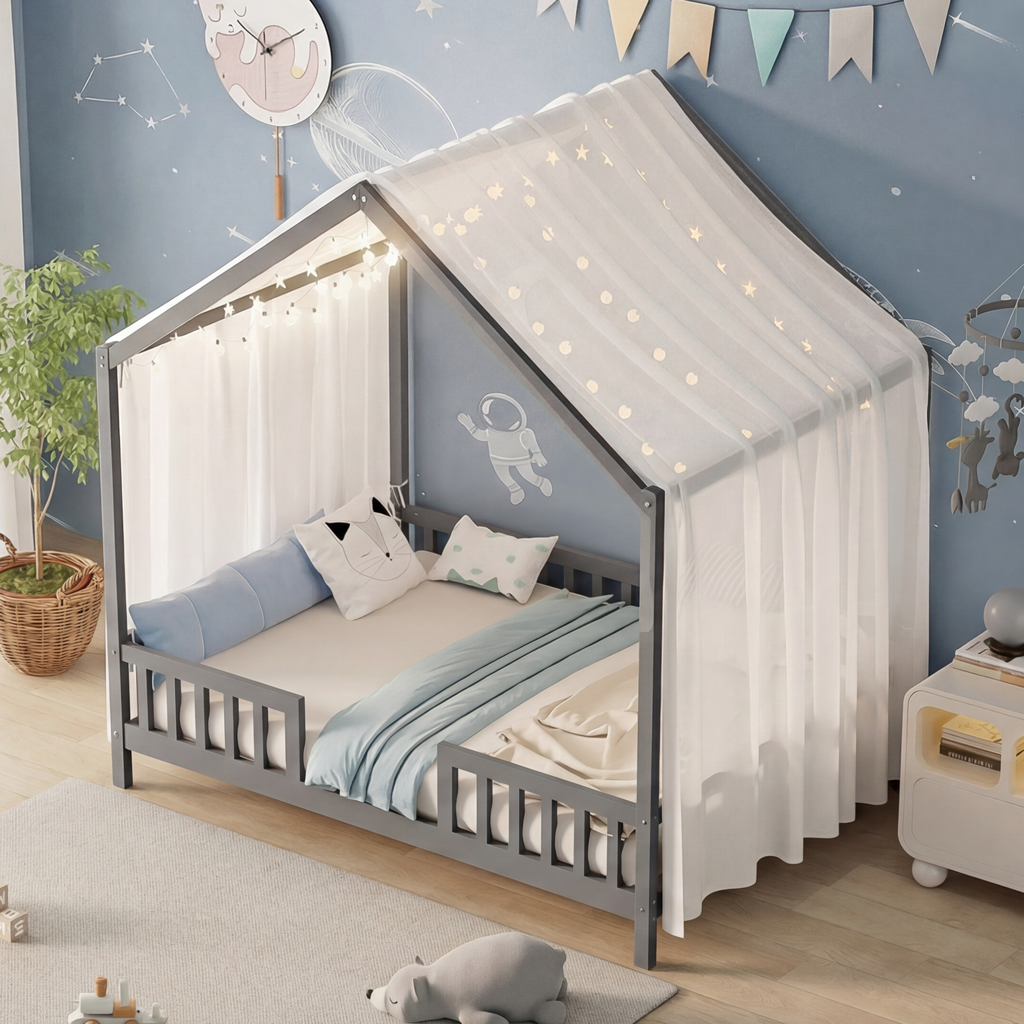 Montessori Floor Bed Canopy Grey