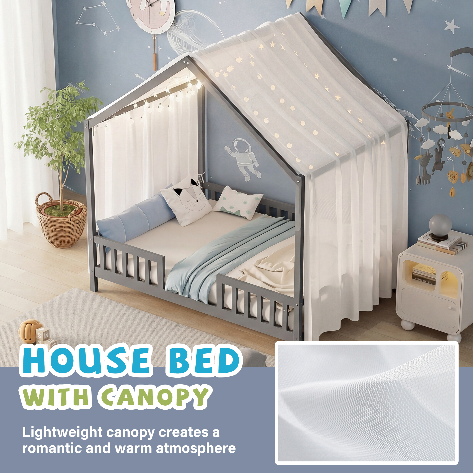 Montessori Floor Bed Canopy Grey