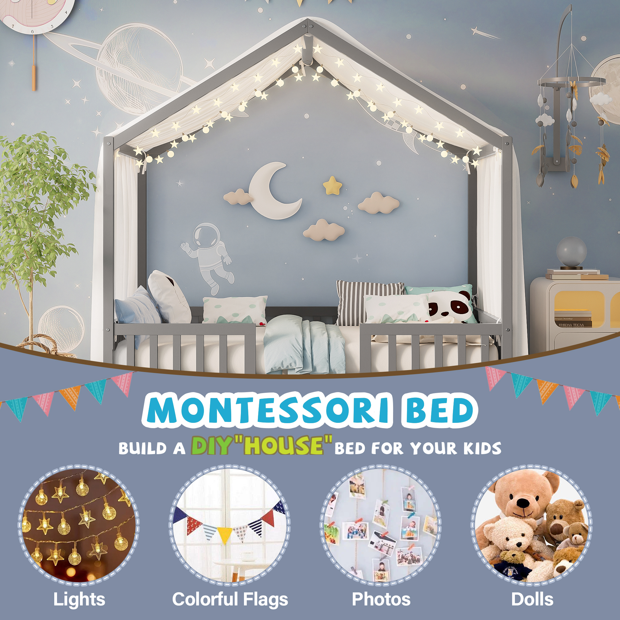 Montessori Floor Bed Canopy Grey