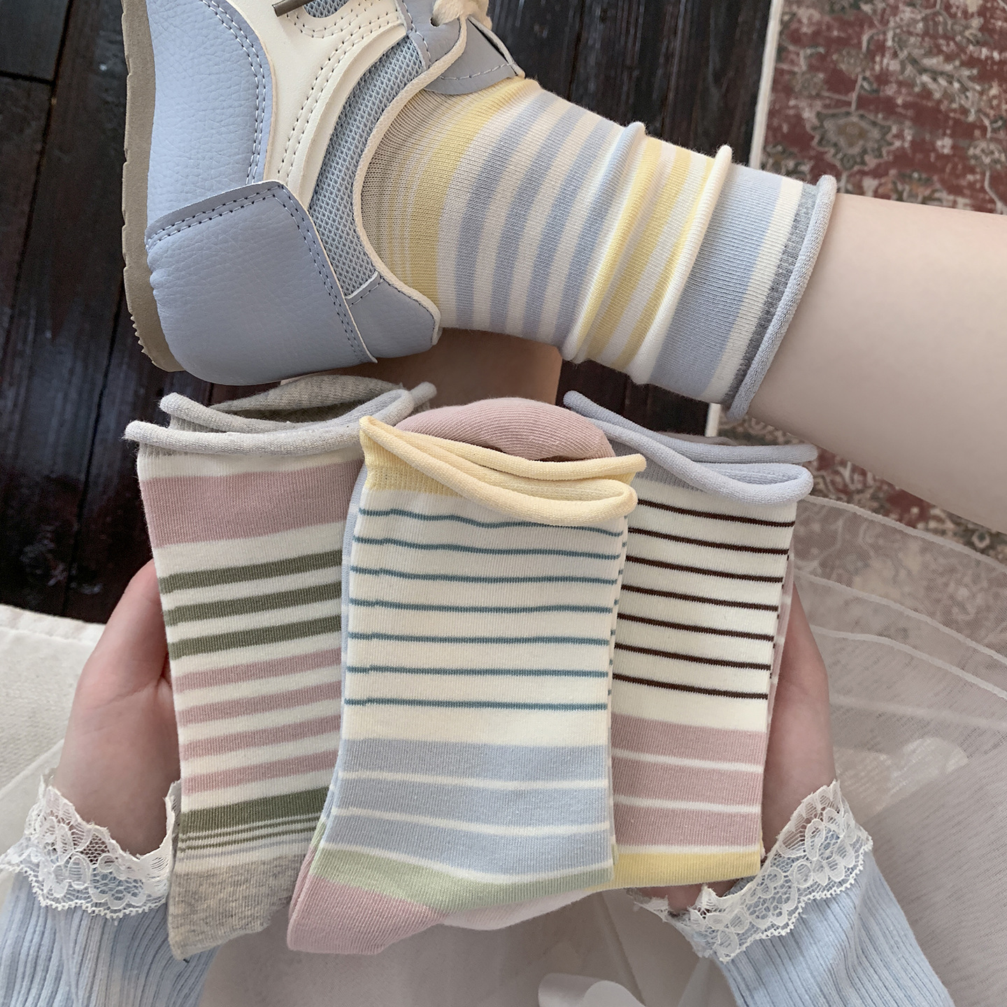 Pastel Striped Crew Socks
