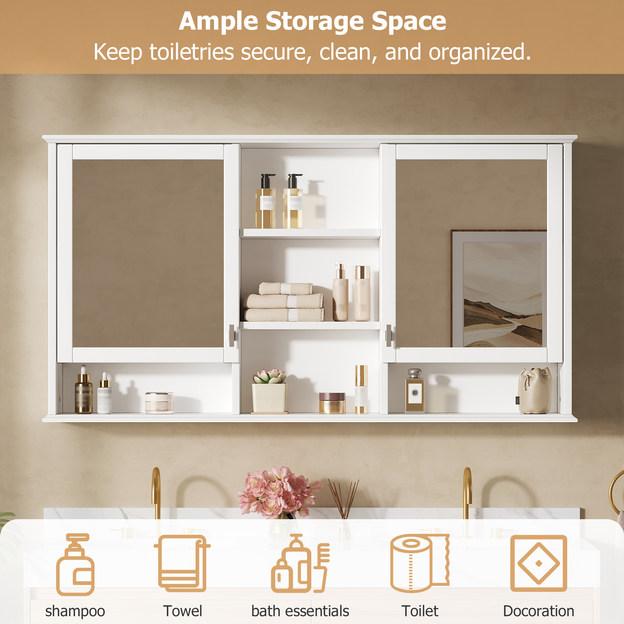 Wall-Mount Mirror Cabinet Adjustable Shelves