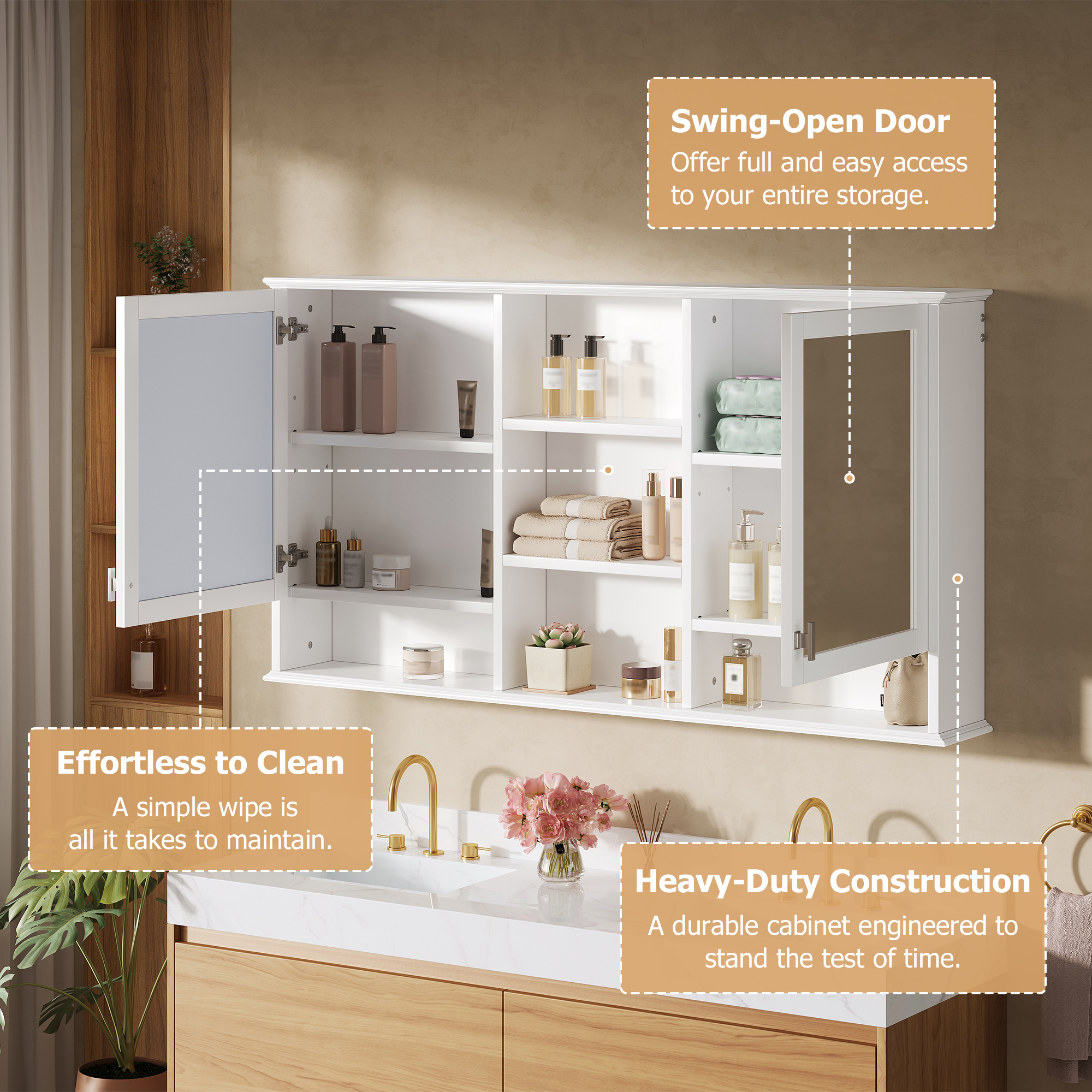 Wall-Mount Mirror Cabinet Adjustable Shelves