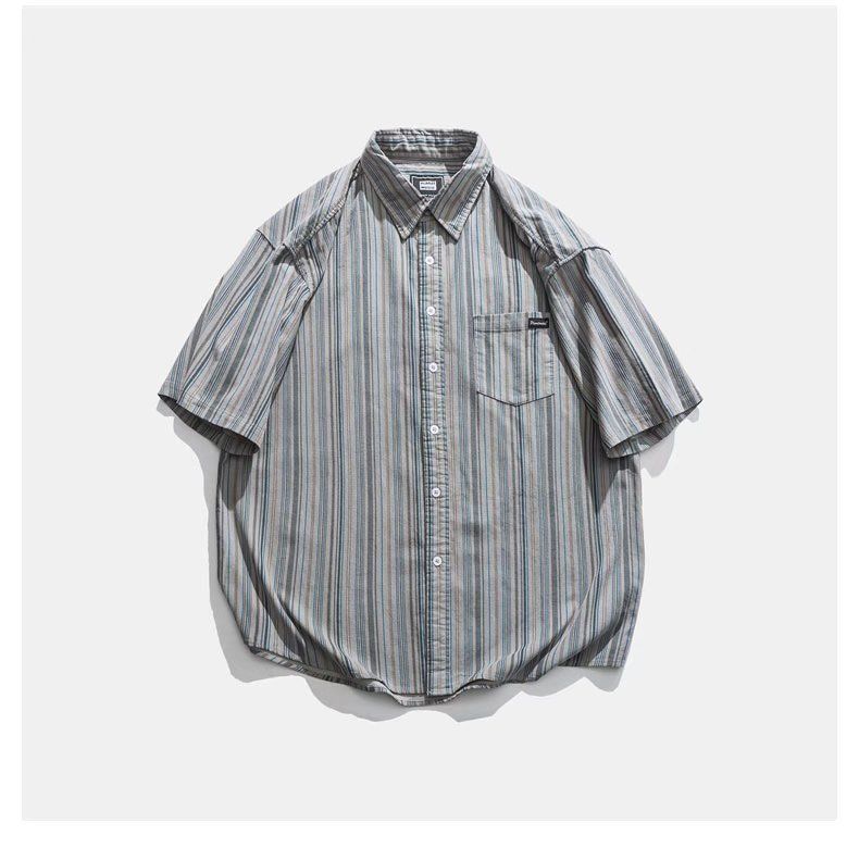 Japanese Style Striped Vintage Short Sleeve Shirt For Men