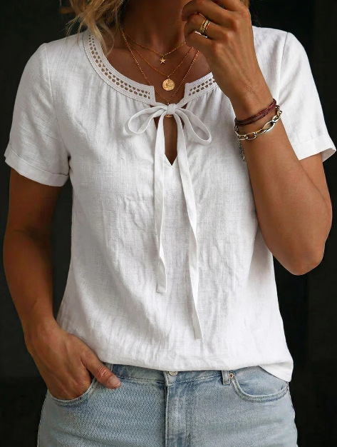 Womens V-neck Short-sleeve Lace-up Cotton-linen Shirt