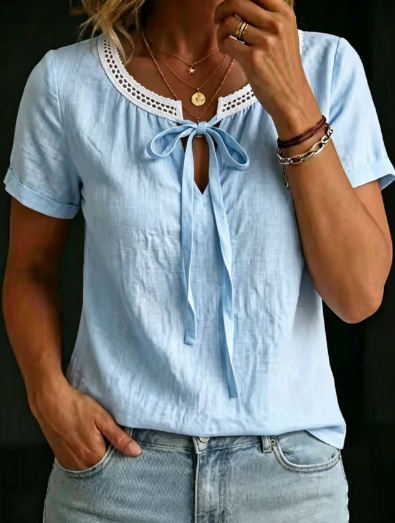 Womens V-neck Short-sleeve Lace-up Cotton-linen Shirt