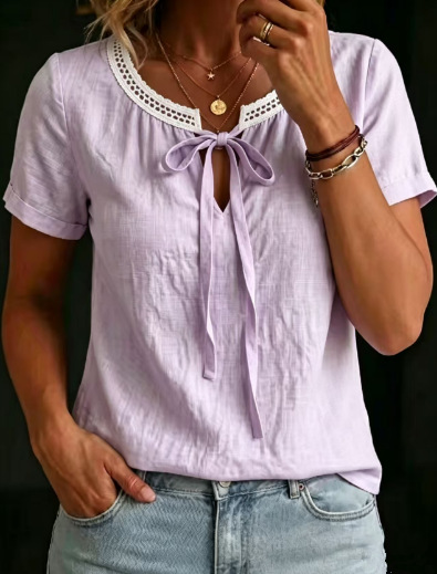 Womens V-neck Short-sleeve Lace-up Cotton-linen Shirt