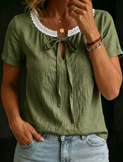 Womens V-neck Short-sleeve Lace-up Cotton-linen Shirt
