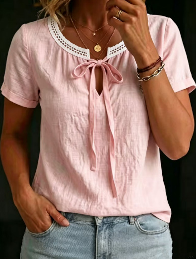 Womens V-neck Short-sleeve Lace-up Cotton-linen Shirt