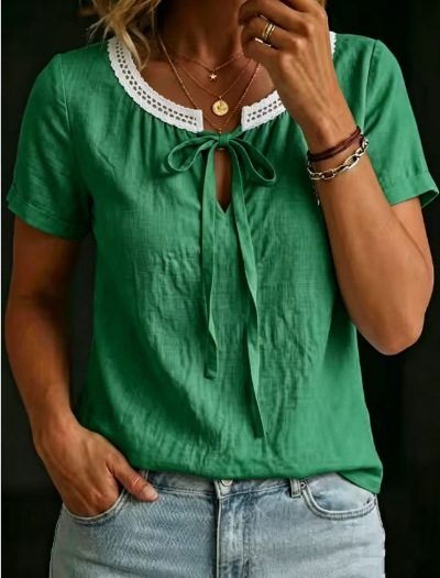 Womens V-neck Short-sleeve Lace-up Cotton-linen Shirt