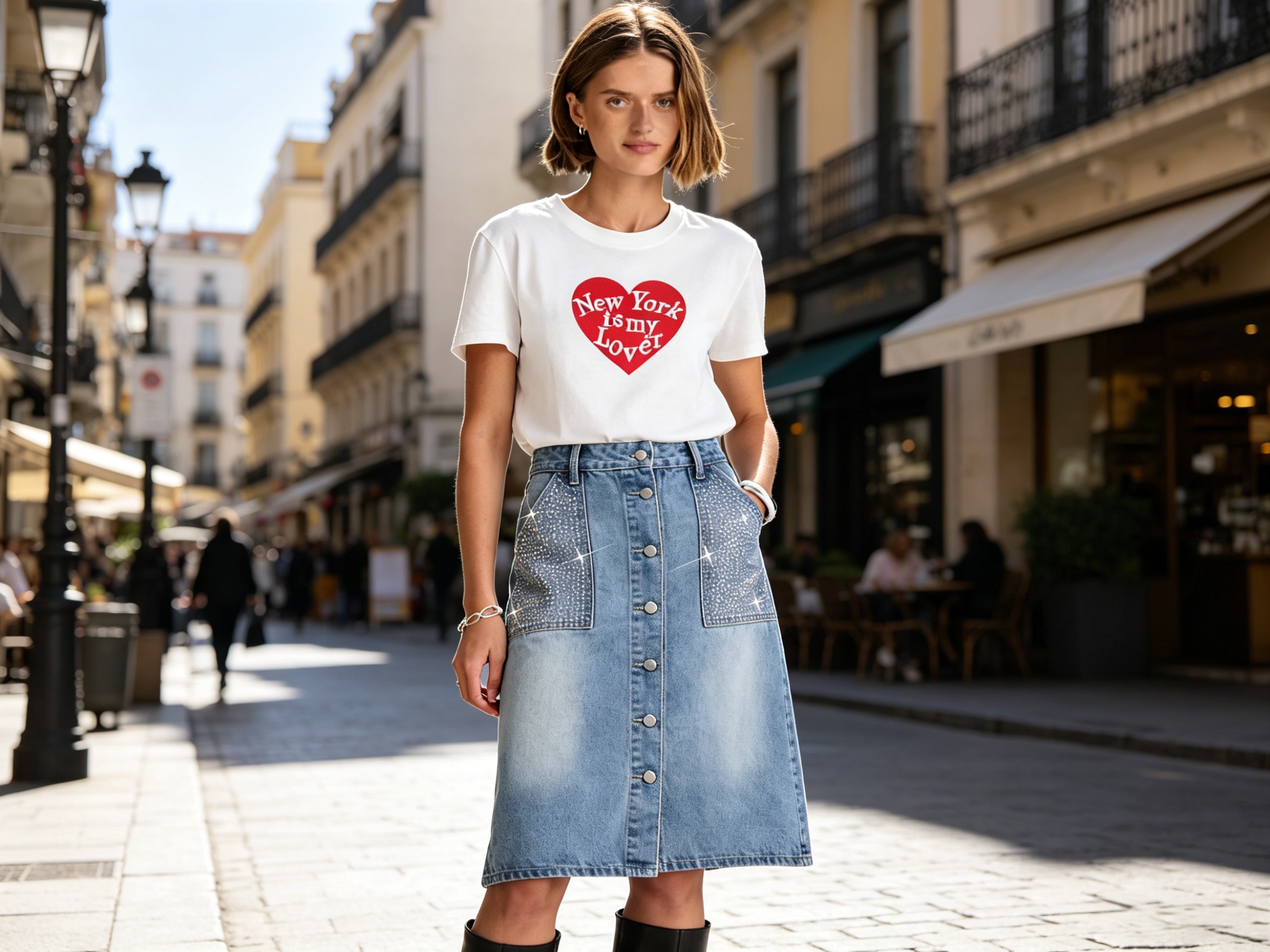 Rhinestone Denim Midi Skirt