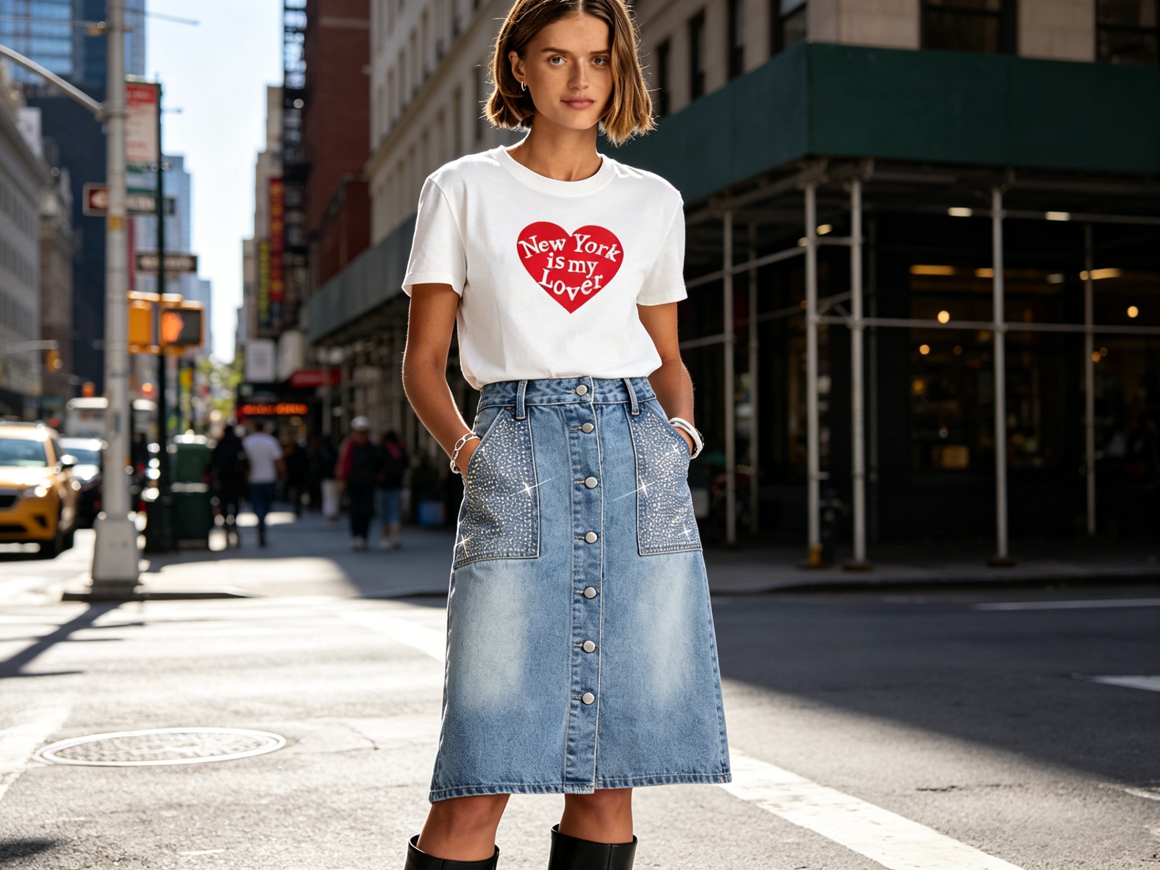 Rhinestone Denim Midi Skirt