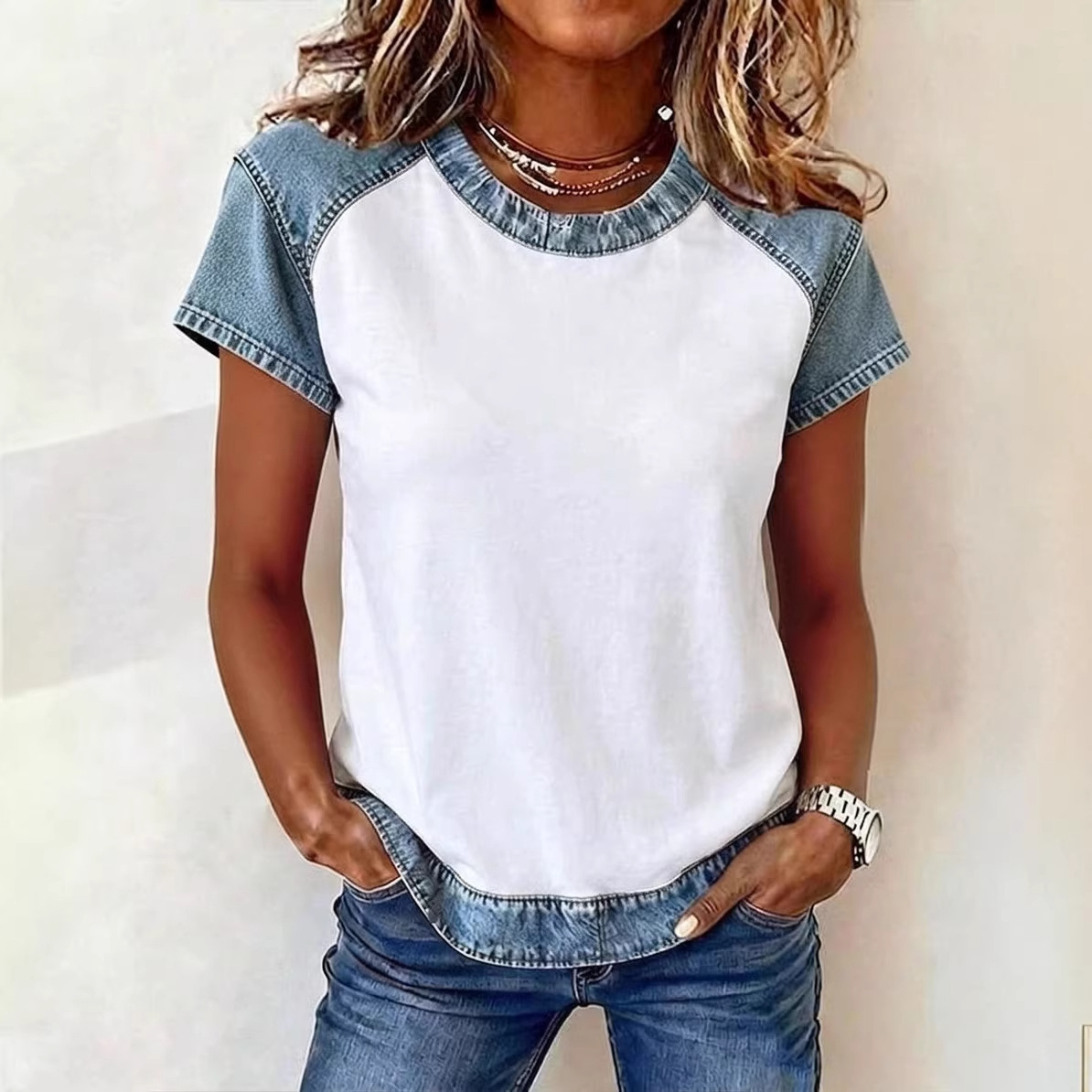Retro Denim Patchwork Short-sleeve With Creative Elements