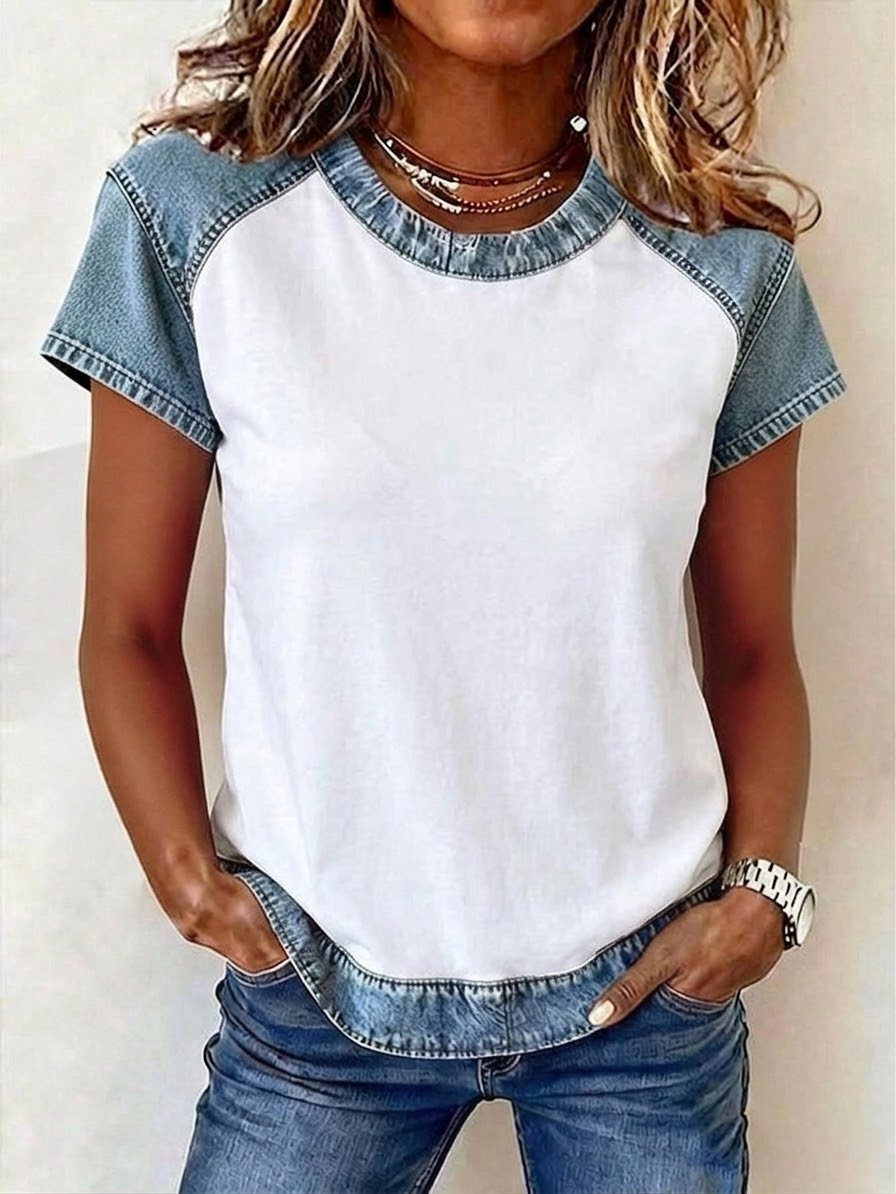 Retro Denim Patchwork Short-sleeve With Creative Elements