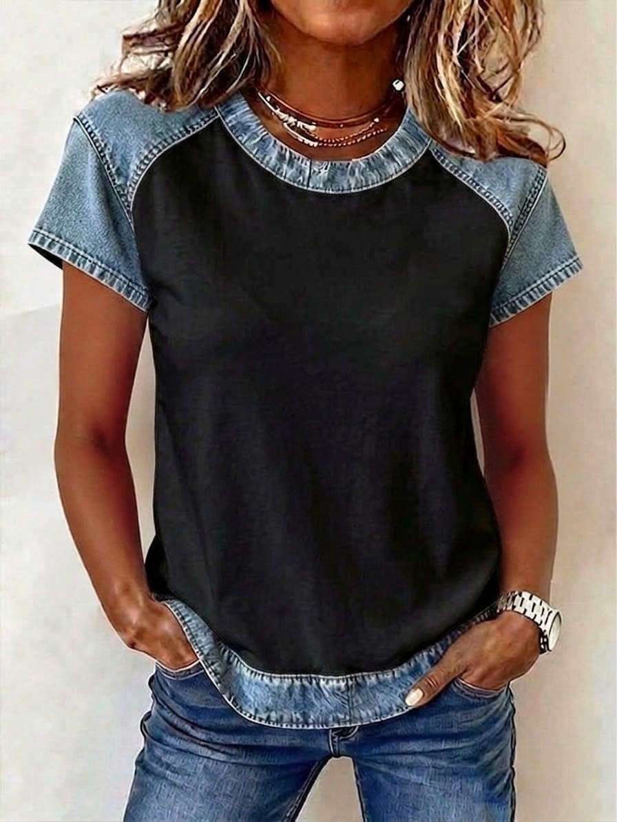 Retro Denim Patchwork Short-sleeve With Creative Elements