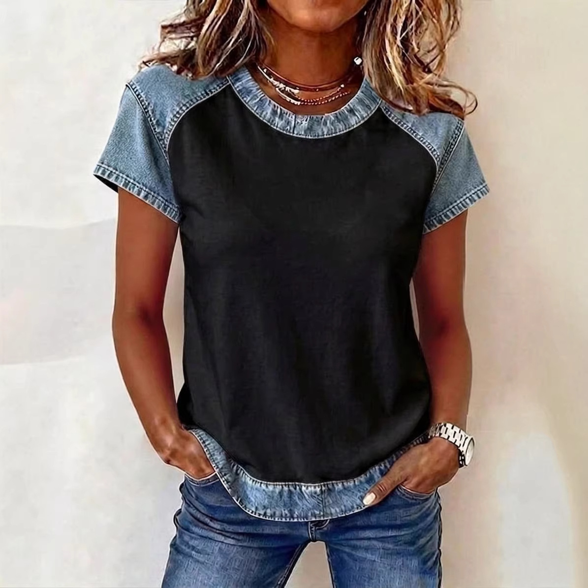 Retro Denim Patchwork Short-sleeve With Creative Elements