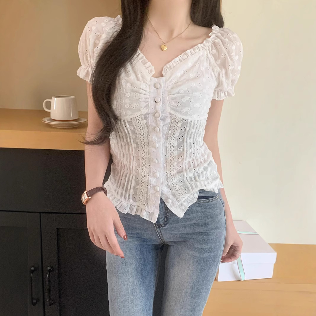Womens Casual Shirt Lace Puff-Sleeve