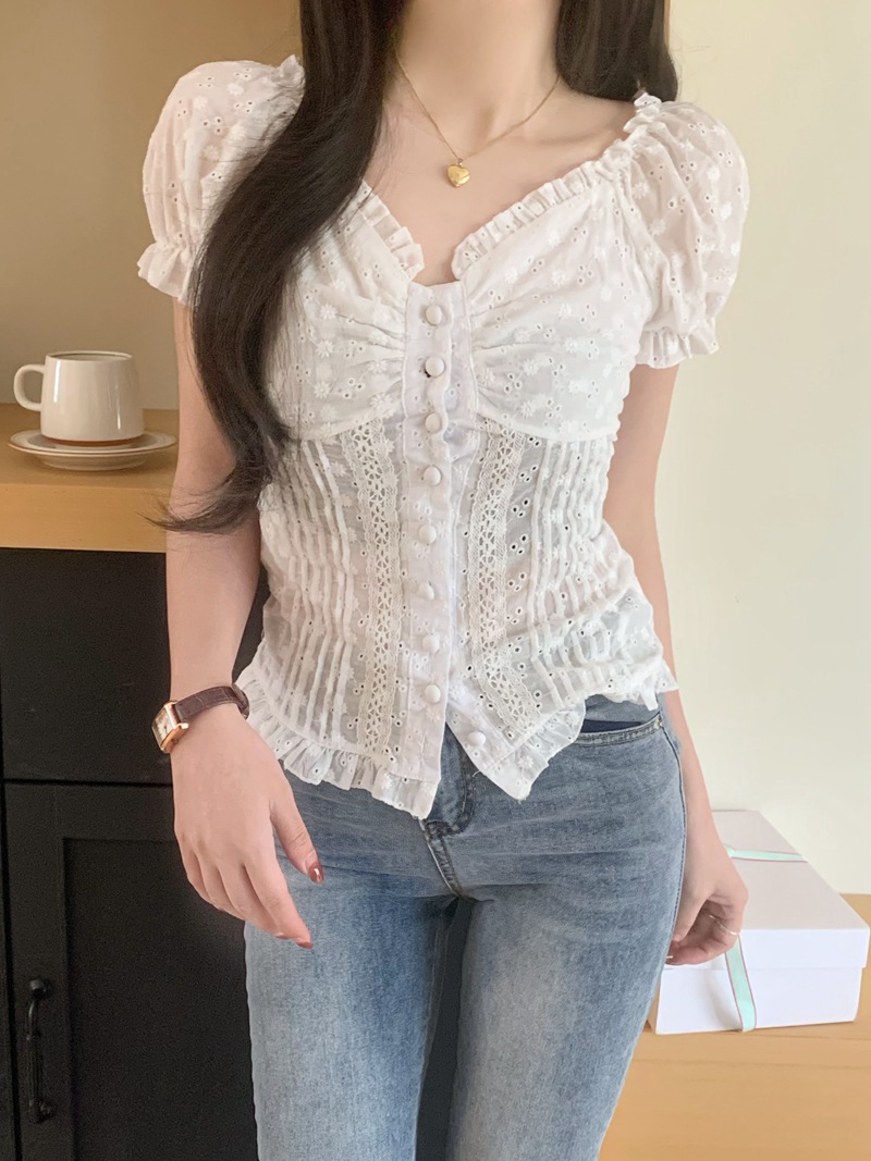 Womens Casual Shirt Lace Puff-Sleeve