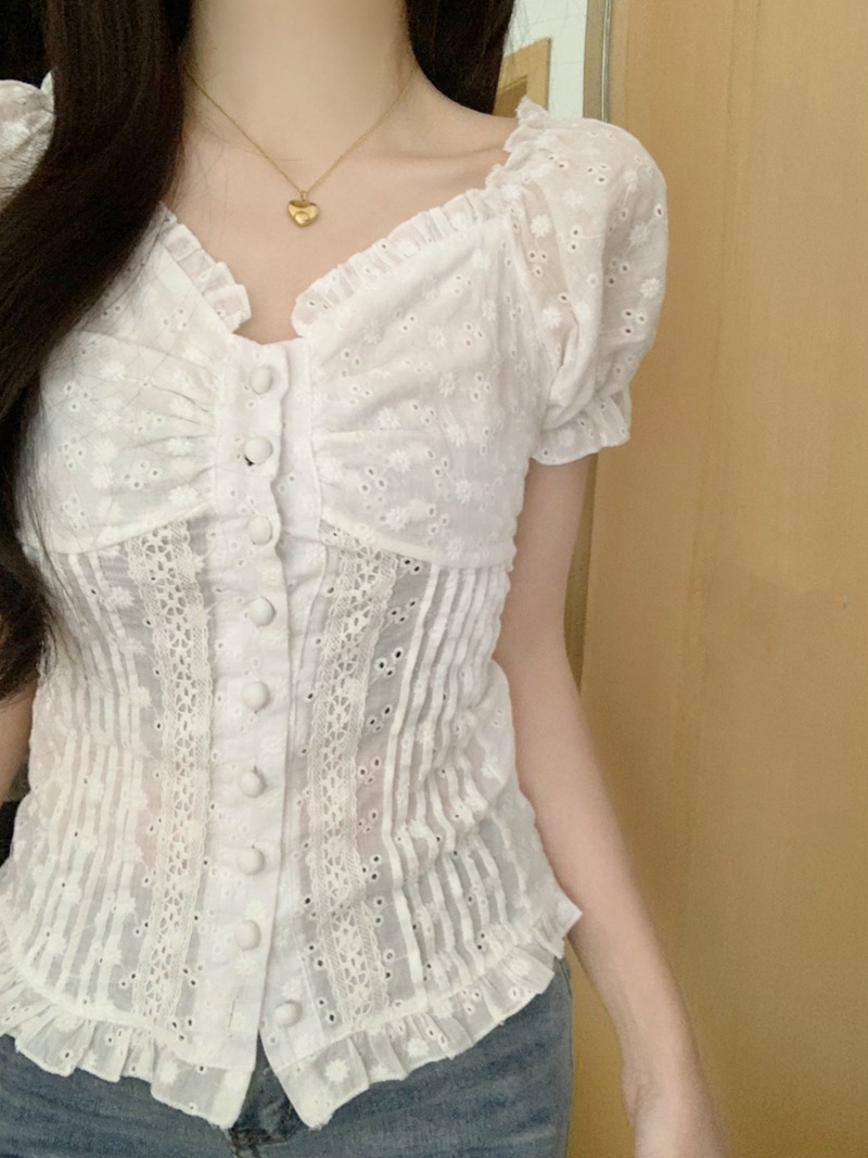 Womens Casual Shirt Lace Puff-Sleeve