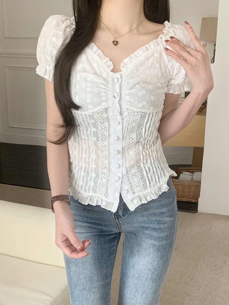 Womens Casual Shirt Lace Puff-Sleeve