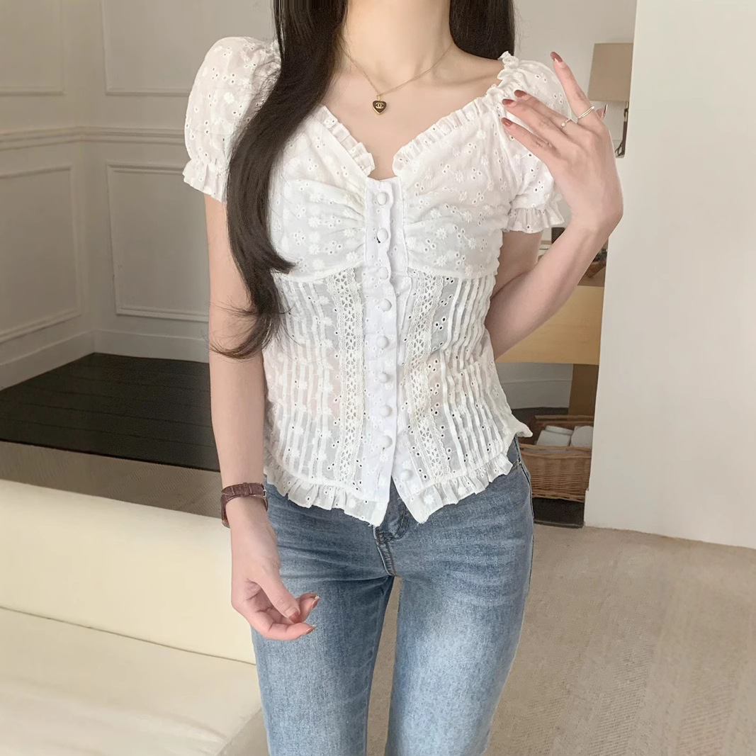 Womens Casual Shirt Lace Puff-Sleeve