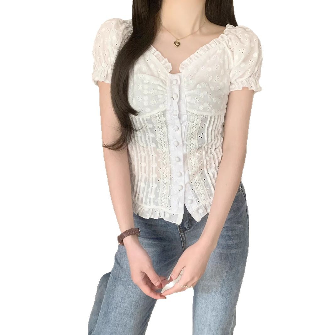 Womens Casual Shirt Lace Puff-Sleeve