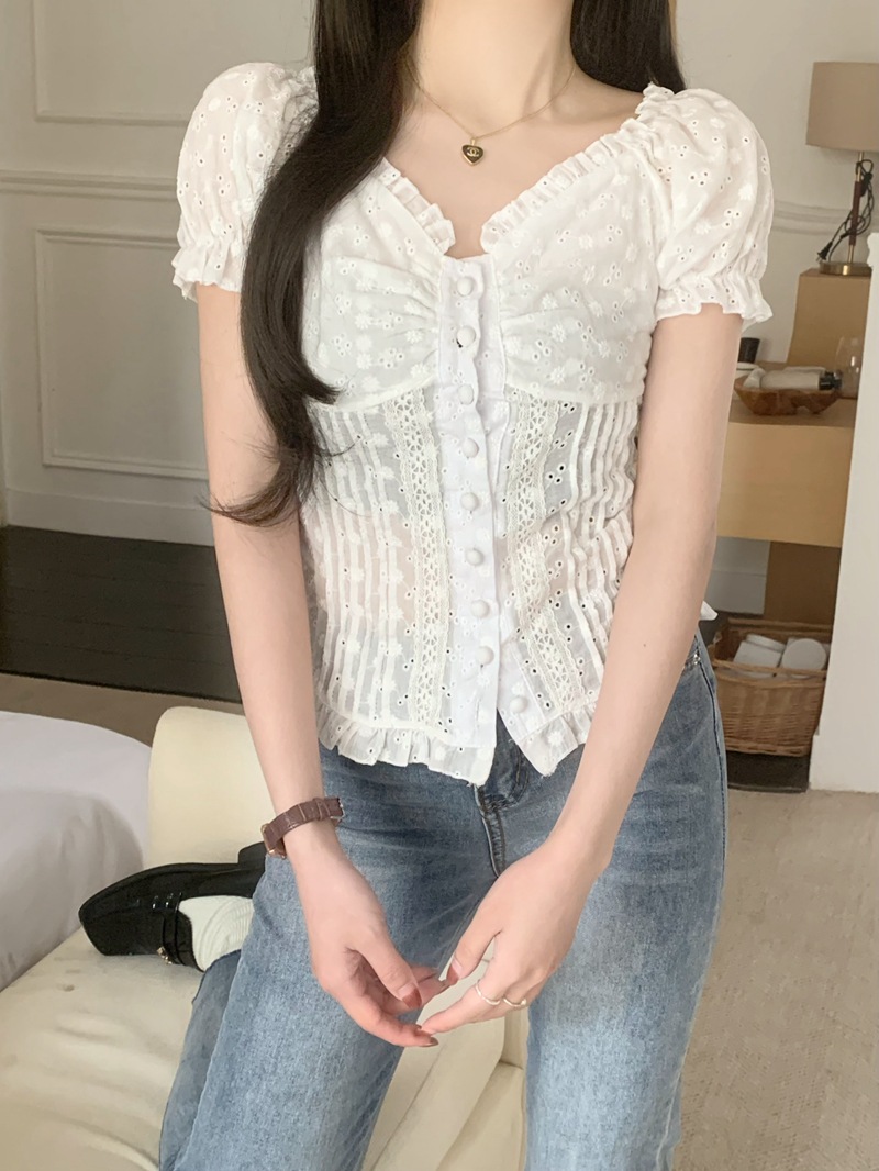 Womens Casual Shirt Lace Puff-Sleeve
