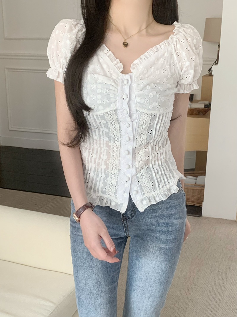 Womens Casual Shirt Lace Puff-Sleeve