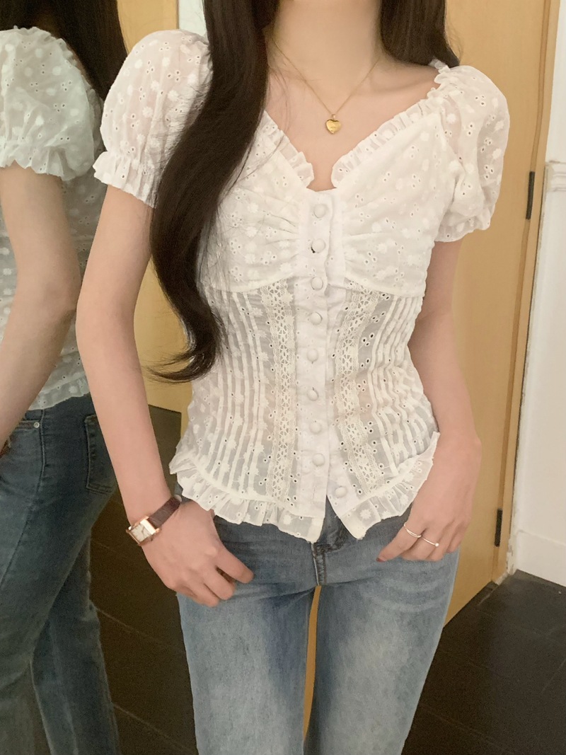 Womens Casual Shirt Lace Puff-Sleeve