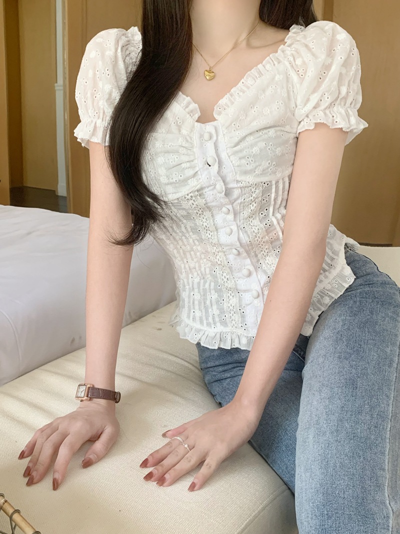 Womens Casual Shirt Lace Puff-Sleeve