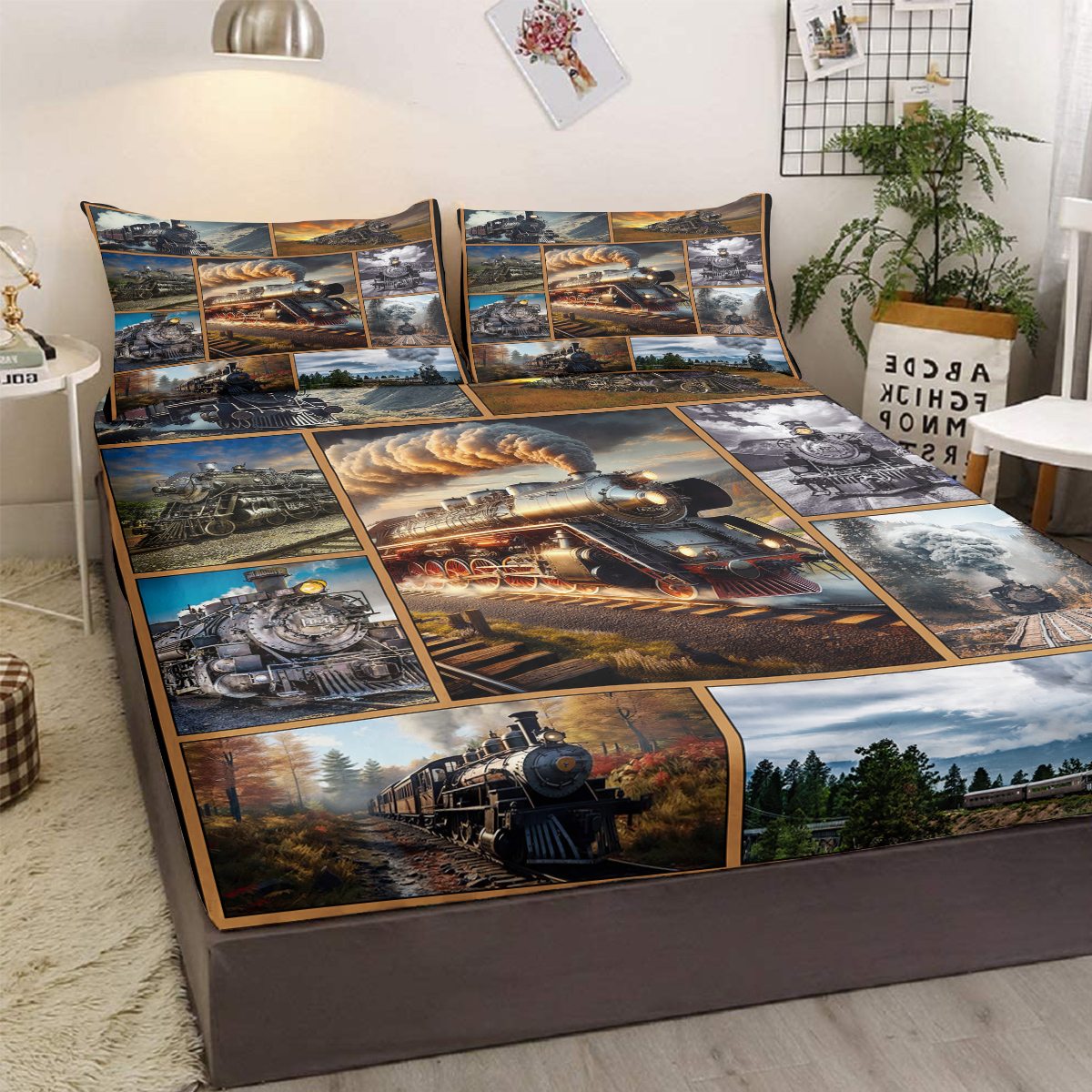 Train Fitted Sheet with Vintage Steam Train Bedding