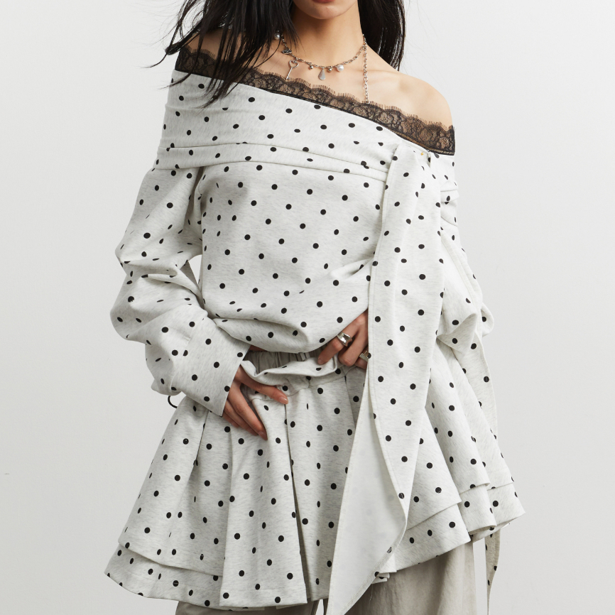 Cute Girly-style Lace-up Off-shoulder Polka-dot Hoodie