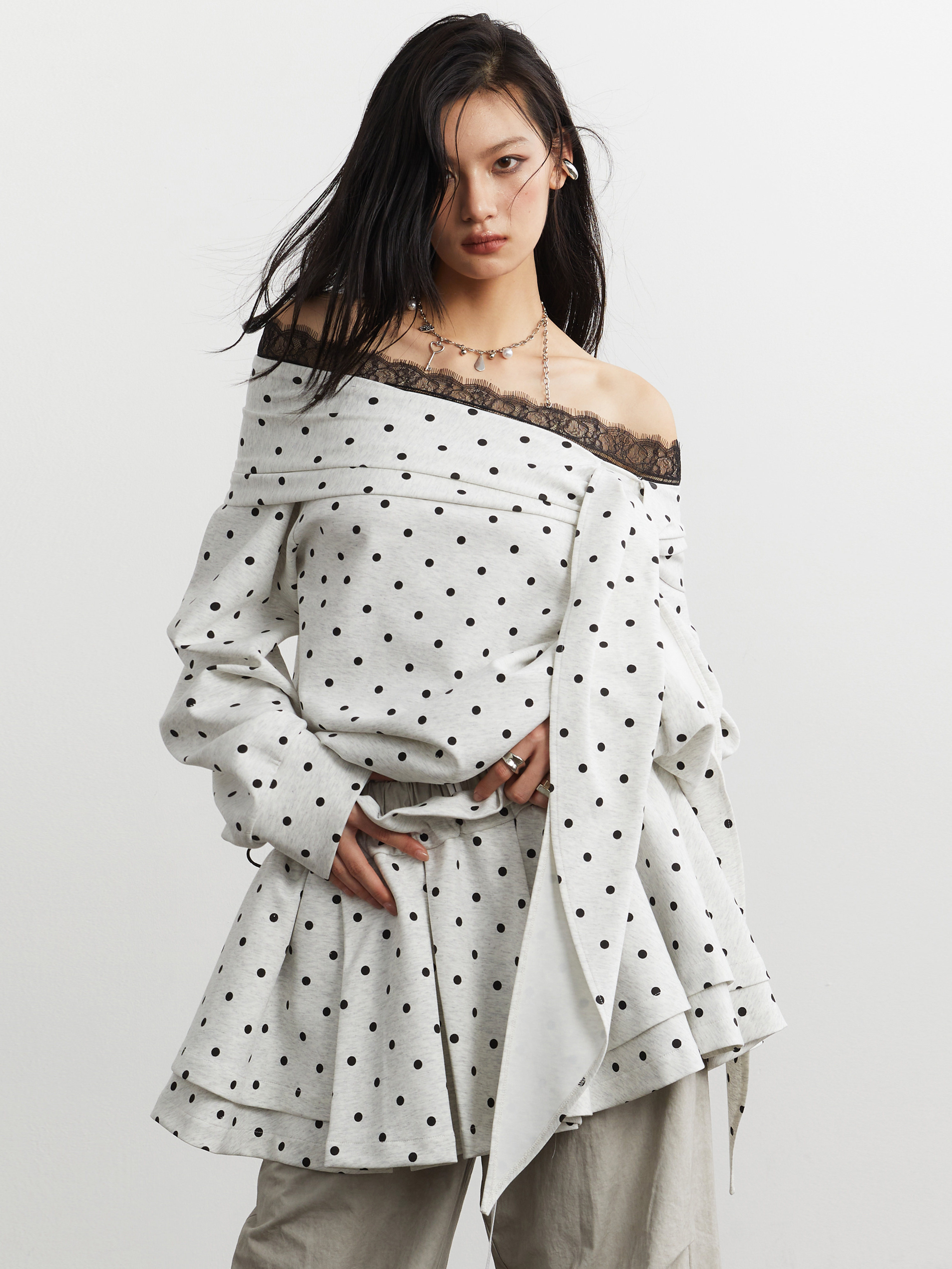Cute Girly-style Lace-up Off-shoulder Polka-dot Hoodie
