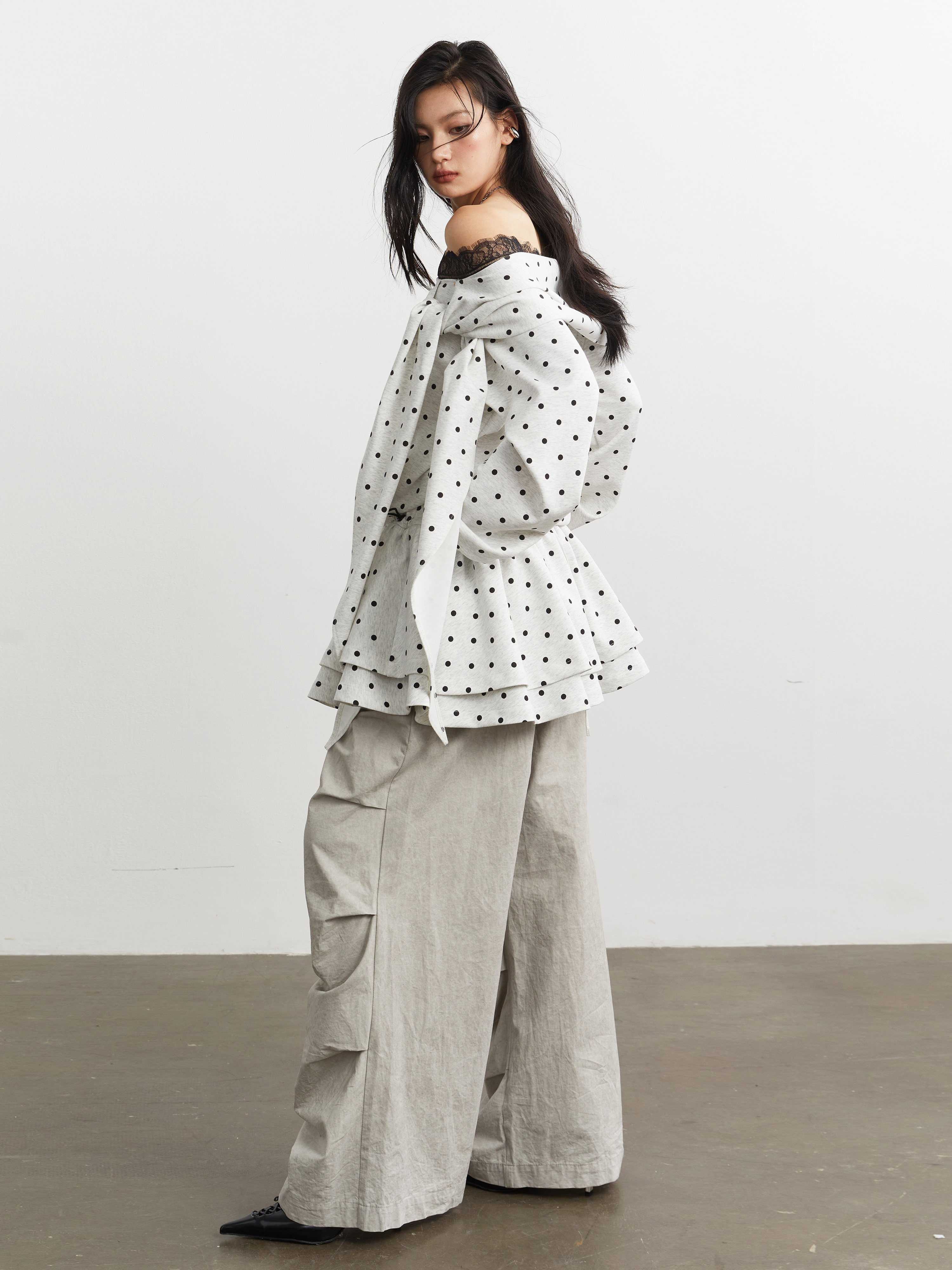 Cute Girly-style Lace-up Off-shoulder Polka-dot Hoodie
