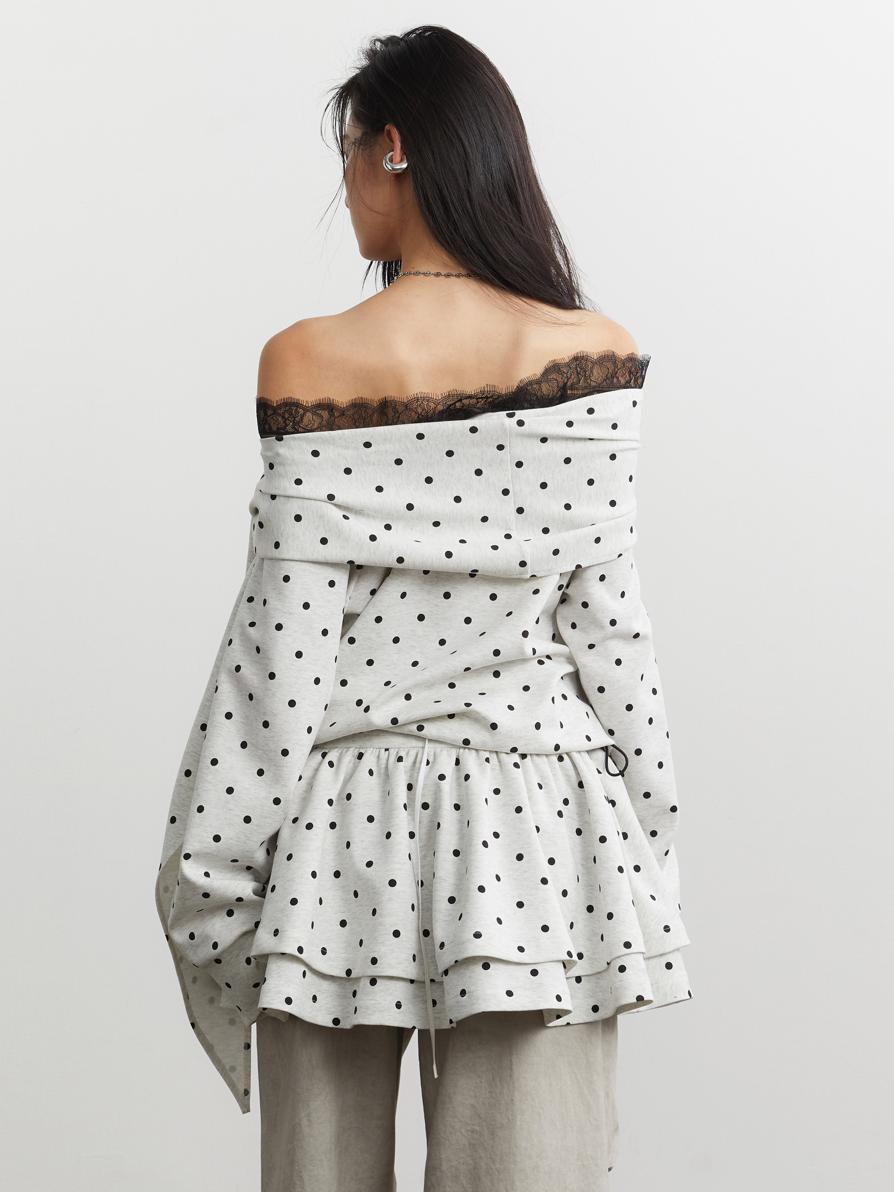 Cute Girly-style Lace-up Off-shoulder Polka-dot Hoodie
