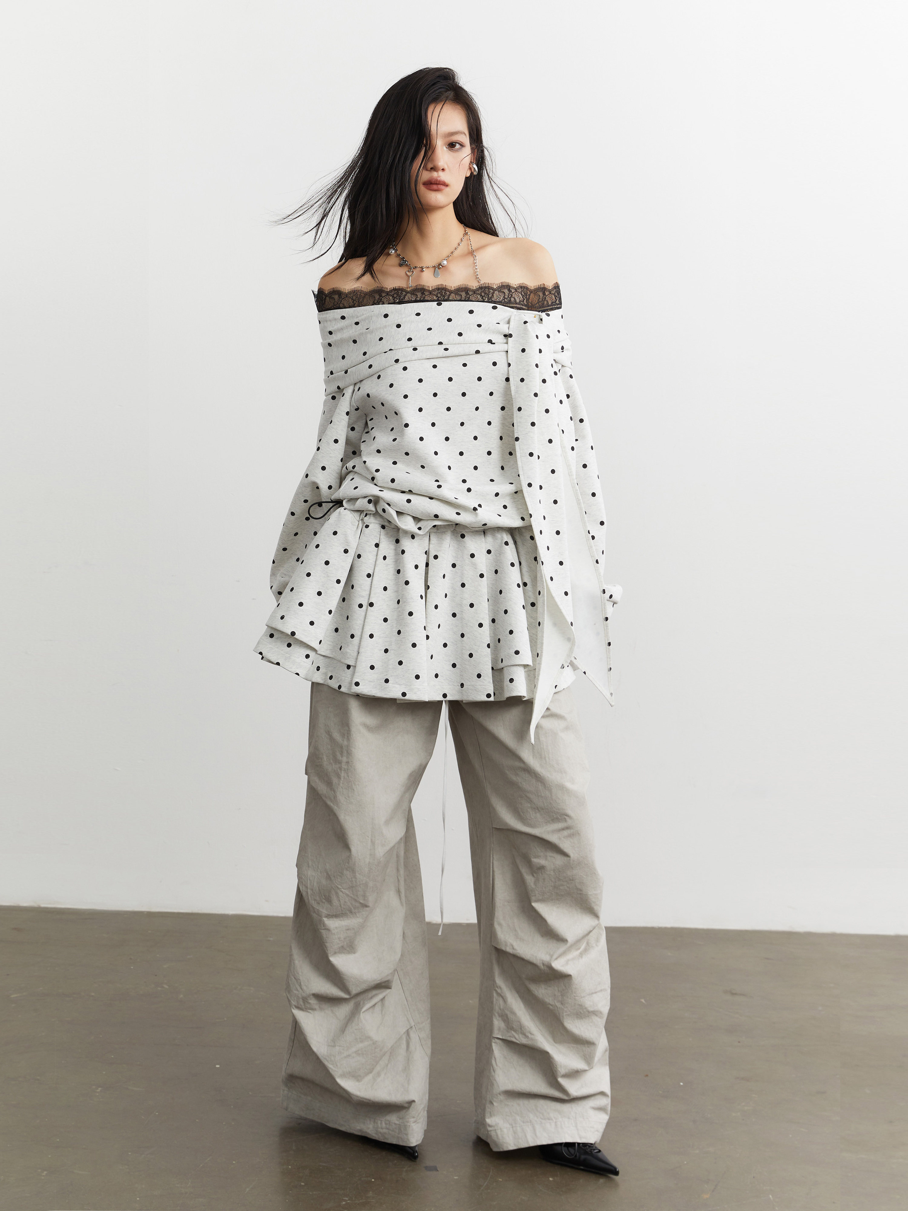 Cute Girly-style Lace-up Off-shoulder Polka-dot Hoodie