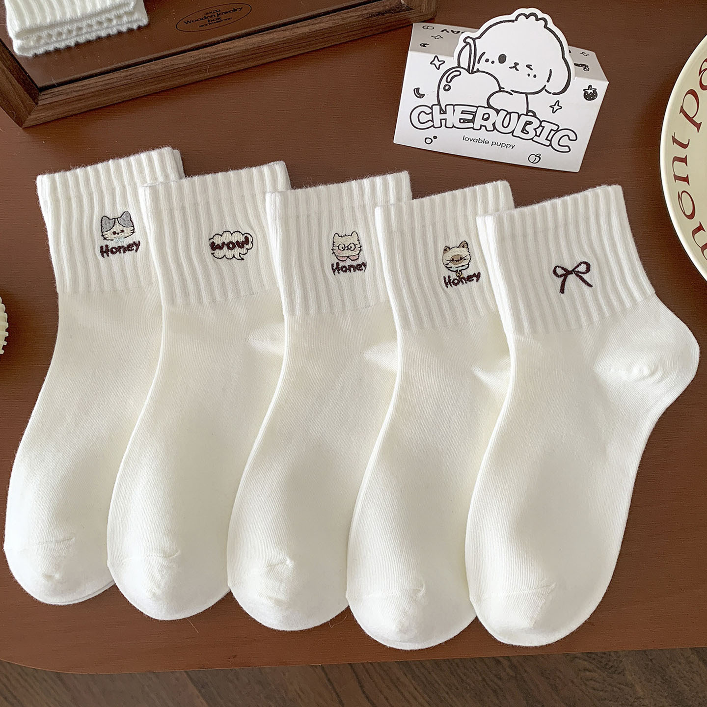 Cat Embroidered Crew Socks