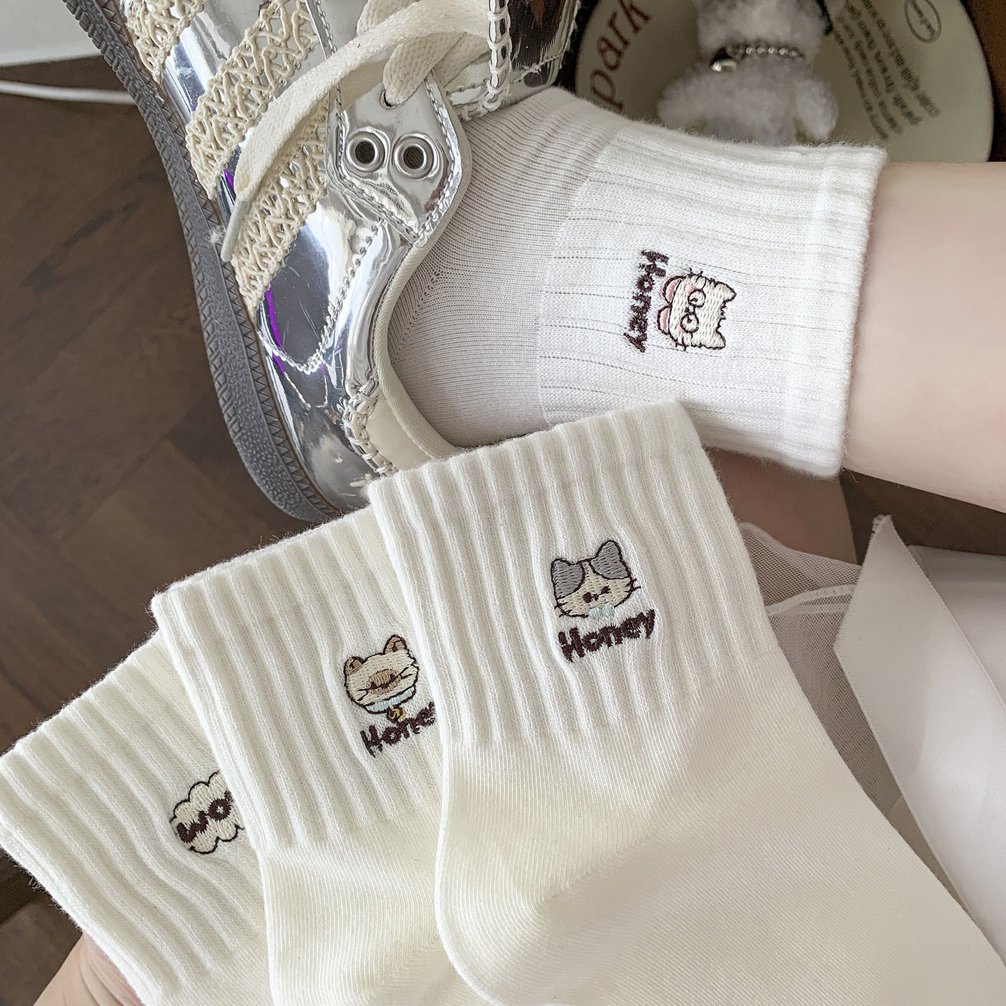 Cat Embroidered Crew Socks