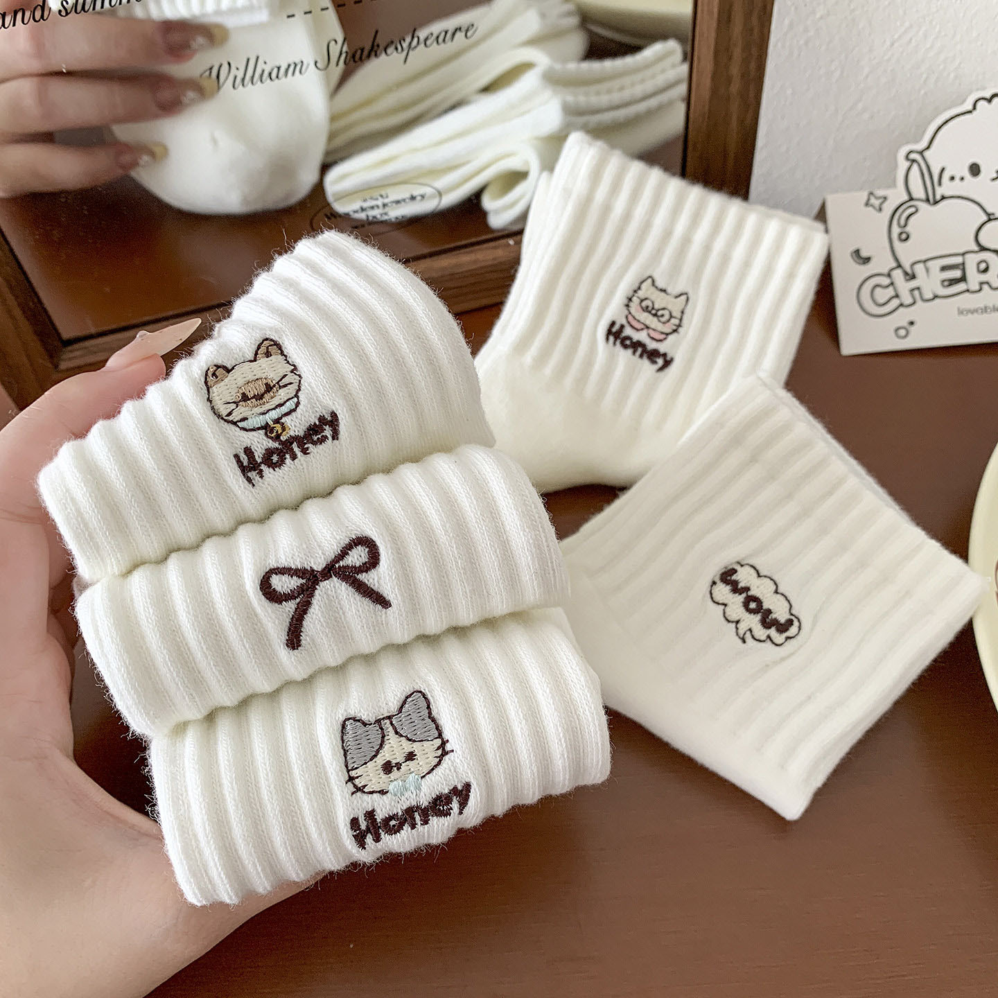 Cat Embroidered Crew Socks
