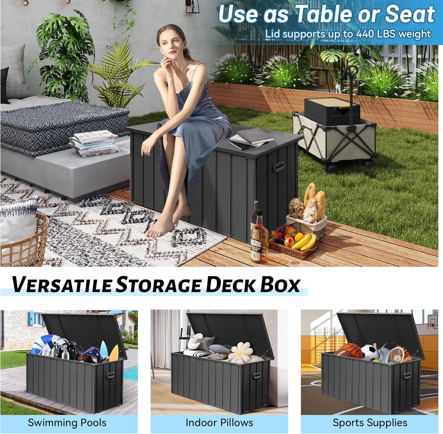 Metal Deck Box, 190 Gallon Waterproof Storage