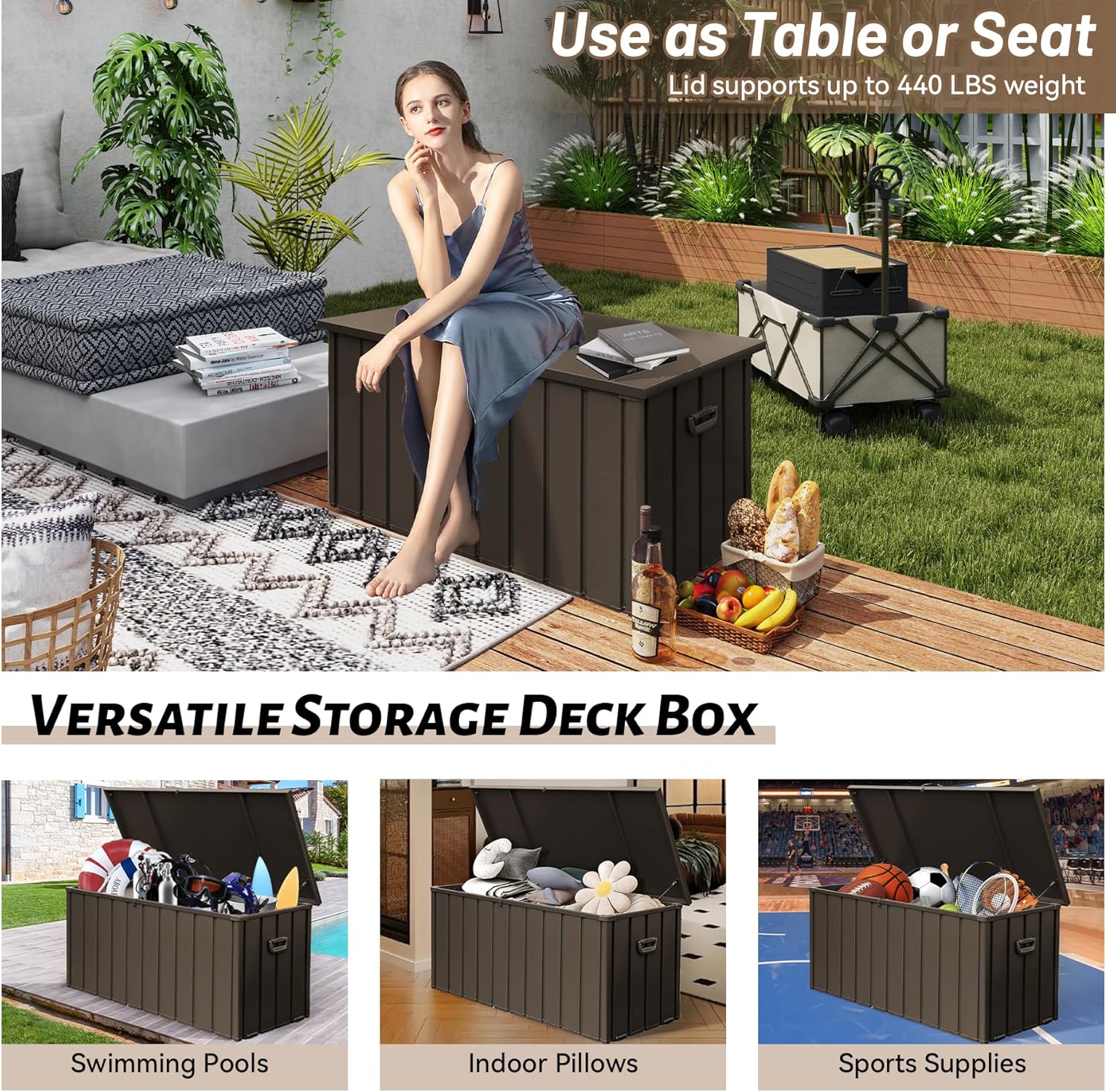 Metal Deck Box, 190 Gallon Waterproof Storage